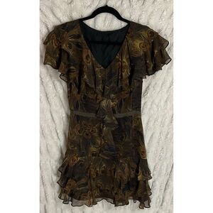Rachel Zoe Silk Peacock Print Ruffle Dress